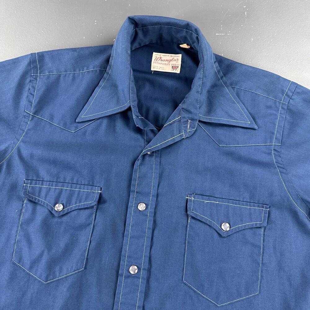 VTG Wrangler Western Shirt Mens 15.5 Med Navy Blue Contrast Stitch 60's Snap USA